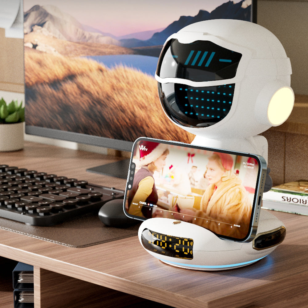 AI Bluetooth Speaker with WiFi - Spaceship Shape, Night Light & Phone Holder